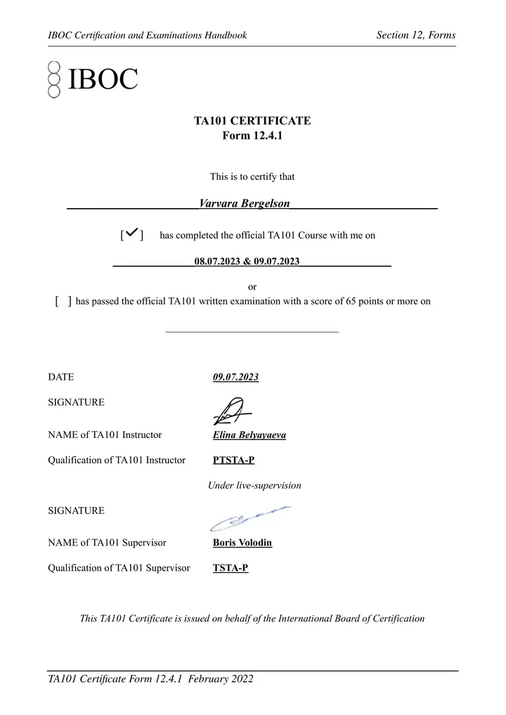 TA 101 Certificate - IBOC